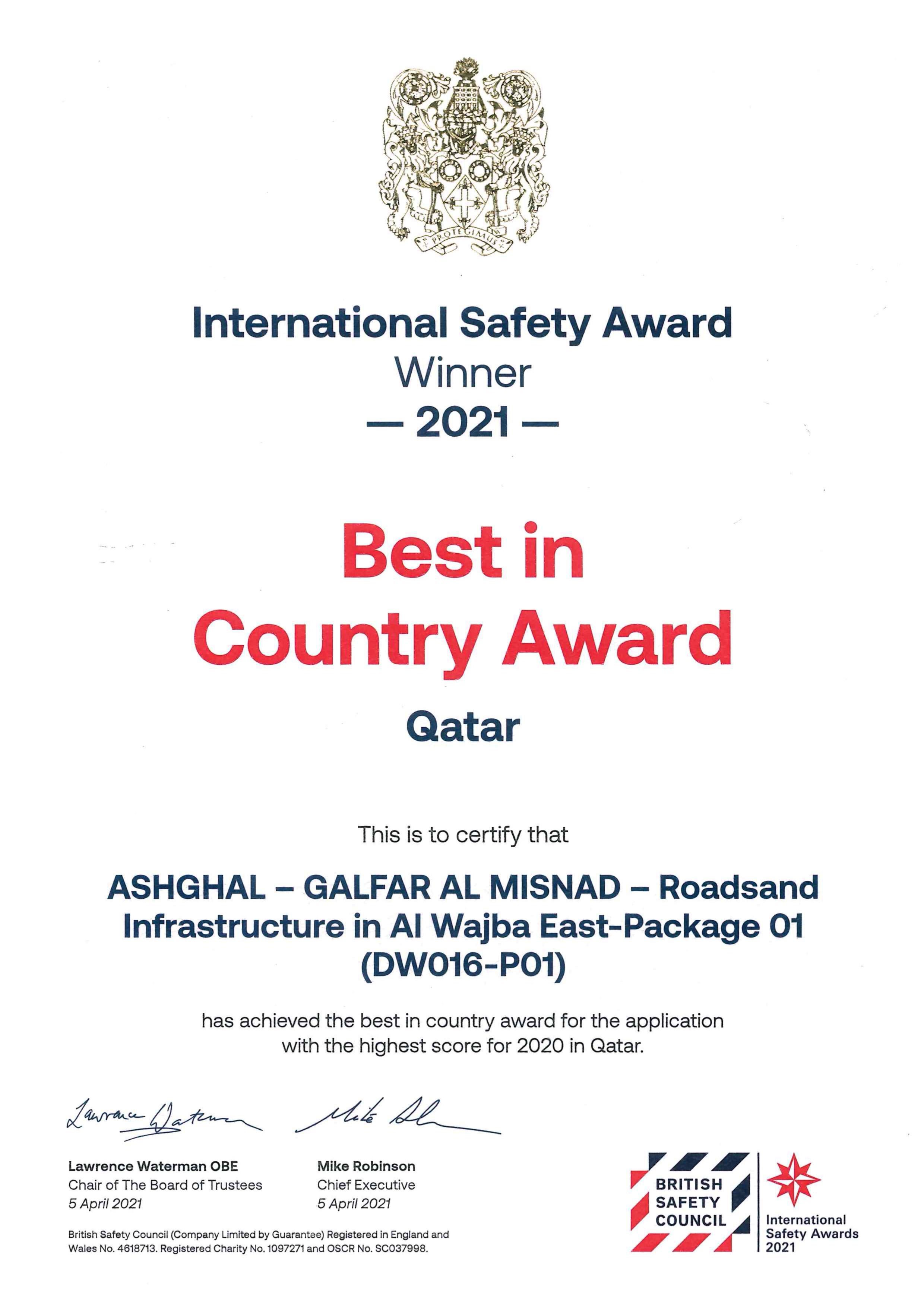 Galfar Al Misnad project bags British Safety Council's Best In Country - Qatar 2021 award