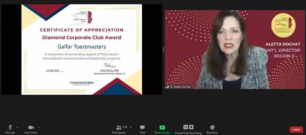 Galfar Toastmasters Club wins Diamond Corporate Club Award