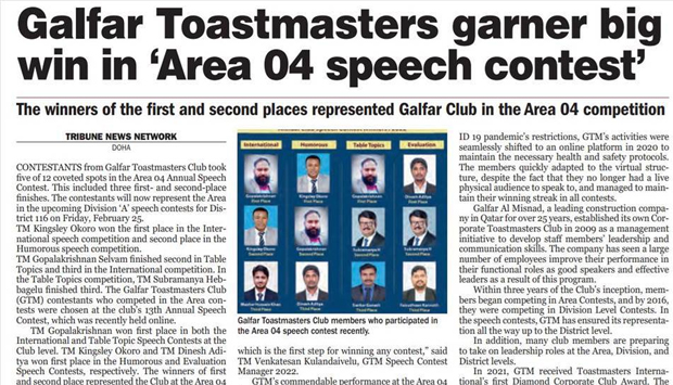 Galfar Toastmasters Club Excels at Area 04 Speech Contest