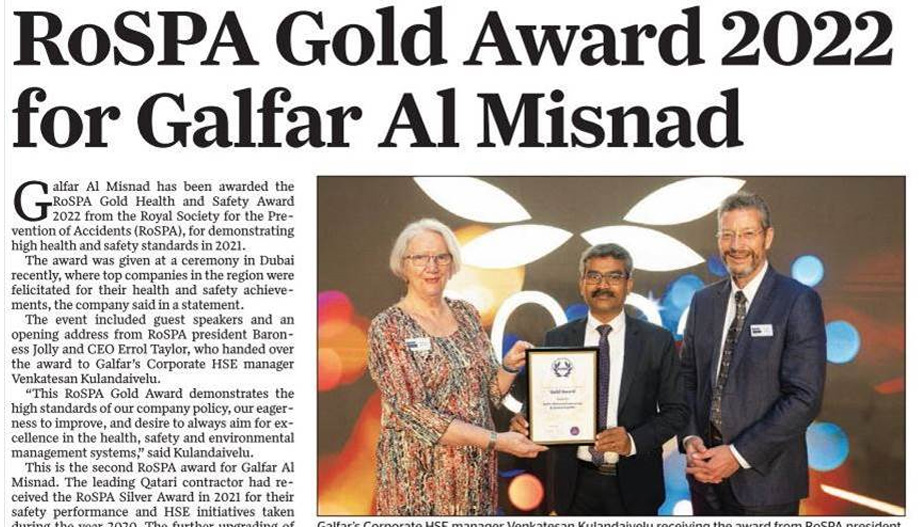 Galfar wins RoSPA Gold Award 2022