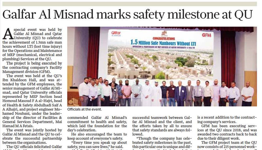 Facility Management Safety Milestone at Qatar University
